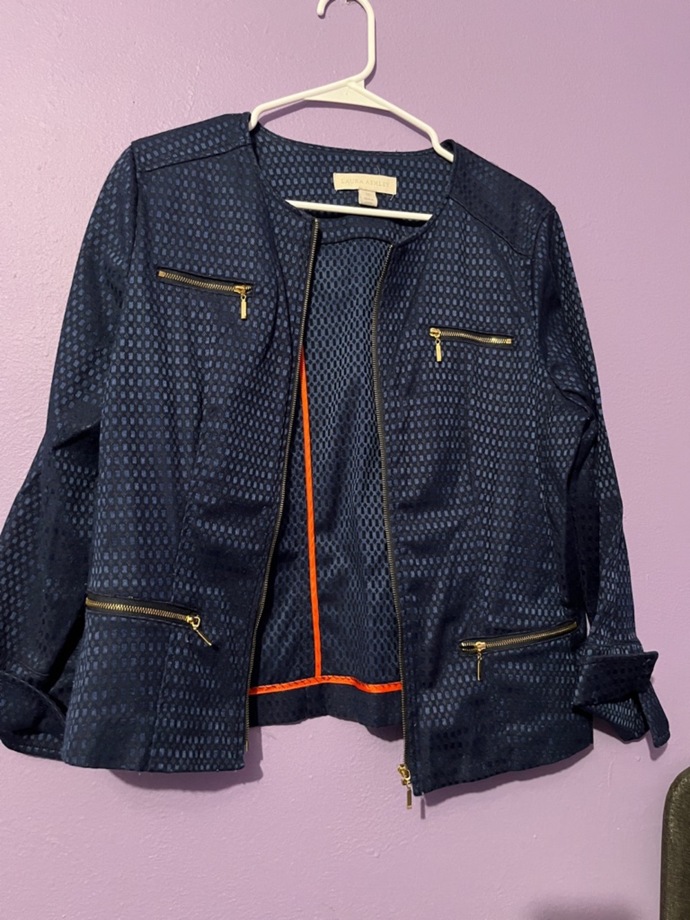 Laura Ashley  Navy Textured Zip Jacket with Gold Hardware